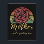 Gedistingeerd Retro Zonsondergang Rode Roos Moeder Briefkaart<br><div class="desc">Stuur deze gedistingeerde vintage-ansichtkaart met je eigen persoonlijke bericht op de voor- en achterkant. Kenmerkend is de klassieke rode roos voor een gedistingeerde retro zonsondergang achtergrond en het woord "Moeder" in gouden letters.</div>