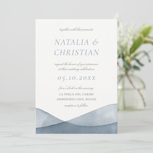 Gedompelde Blauwe Aquarel Bruiloft Kaart (Staand voorkant)