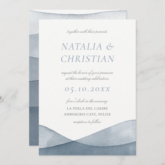 Gedompelde Blauwe Aquarel Bruiloft Kaart (Voorkant / Achterkant)