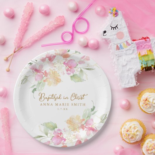 Gedoopt in Christus Roze Bloemen Aangepaste Doop Papieren Bordje (Feest)