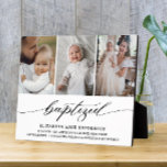 Gedoopt Modern Fotocollage Doop Keepsake Fotoplaat<br><div class="desc">Stijlvolle,  moderne fotocollage plaque. ''Baptized'' is te zien in een verfijnd typografisch schrift met stijlvolle handgeschreven letters op een witte achtergrond. Pas aan met een naam,  de datum,  de plaats van de doop en de namen van de peetouders. ideaal als cadeau of aandenken.</div>