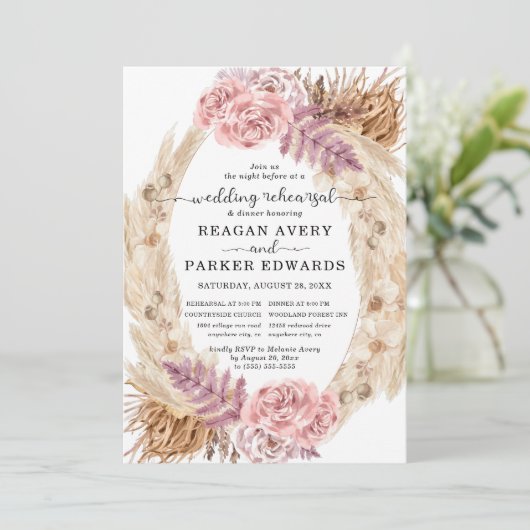 Gedroogd pampas gras bloemenbruiloft repetitie din kaart (Staand voorkant)