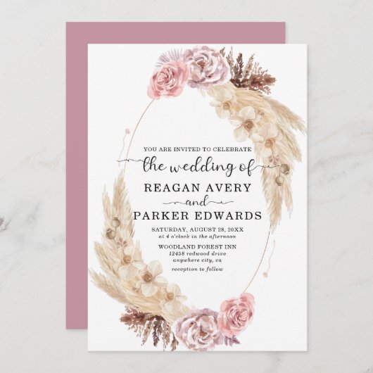 Gedroogd Pampas Grass Roos en Paarse bruiloft Kaart (Voorkant / Achterkant)