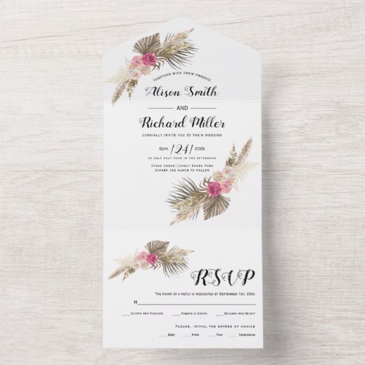 Gedroogd pampasgras, palmbladeren, rozen bruiloft all in one uitnodiging (Binnen)