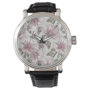 Gedroogd Roze Hibiscus Flowers Patroon Horloge