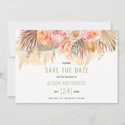 Gedroogde bloemen en pampas gras, groen save the date (Voorkant)