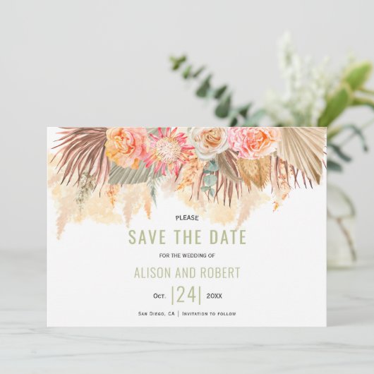 Gedroogde bloemen en pampas gras, groen save the date (Staand voorkant)