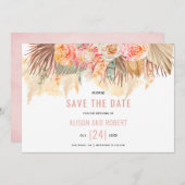 Gedroogde bloemen en pampas gras met een zachte ro save the date (Voorkant / Achterkant)