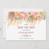Gedroogde bloemen en papegaaien met terracotta save the date (Voorkant)