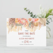 Gedroogde bloemen en papegaaien met terracotta save the date (Staand voorkant)