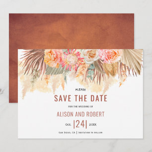 Gedroogde bloemen en papegaaien met terracotta save the date