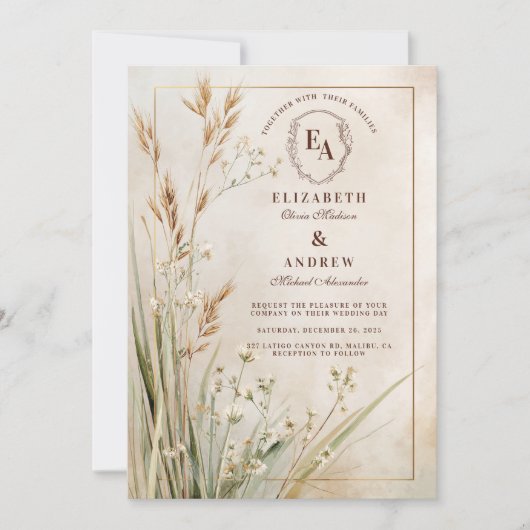 Gedroogde Bloemen Neutraal Rustiek Huwelijk Kaart (Voorkant)