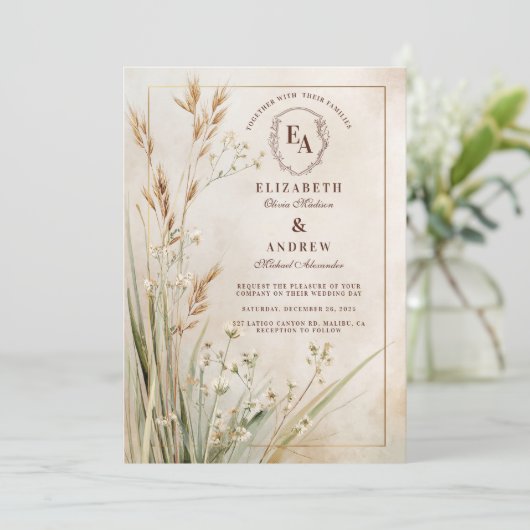 Gedroogde Bloemen Neutraal Rustiek Huwelijk Kaart (Staand voorkant)