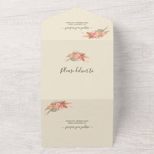 Gedroogde bloemen, pamapegras en palmbeige bruilof all in one uitnodiging (Buitenkant)