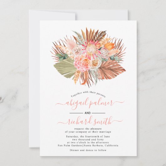 Gedroogde bloemen pampas palmbladkoraalbruiloft kaart (Voorkant)