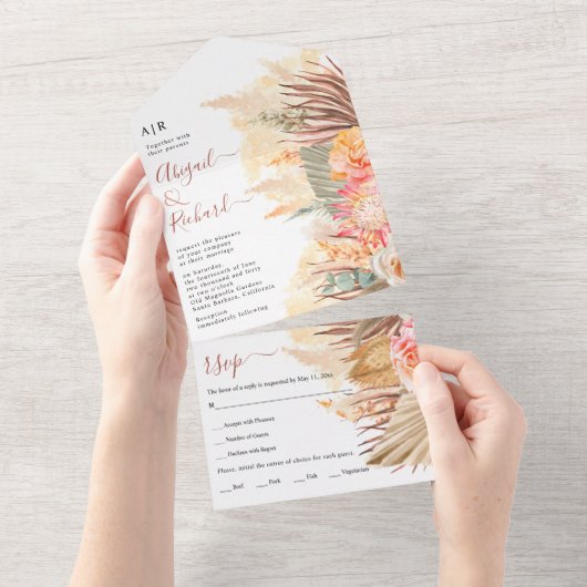 Gedroogde bloemen, pampasgras en palmbladbruiloft all in one uitnodiging (Afscheurbaar)