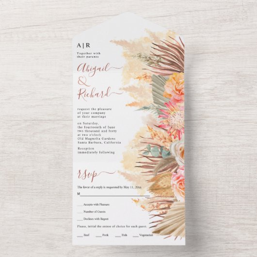 Gedroogde bloemen, pampasgras en palmbladbruiloft all in one uitnodiging (Binnen)