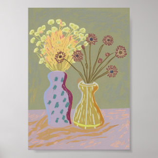 Gedroogde bloemschikking in gebloemde vazen poster