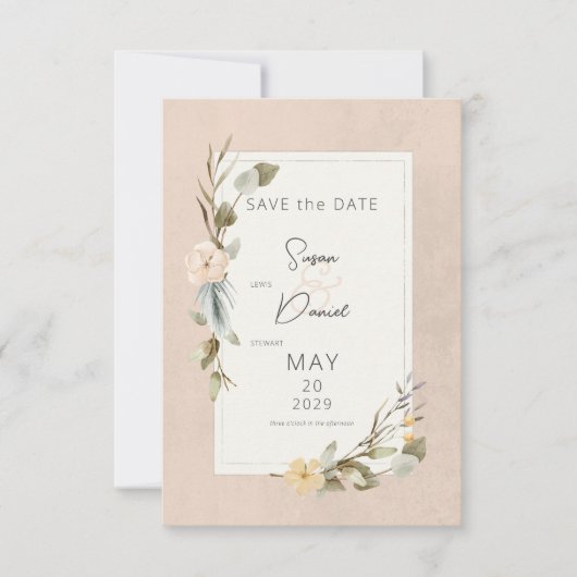 Gedroogde Boho Bloemen Lijst Blush Bruiloft Save The Date (Voorkant)
