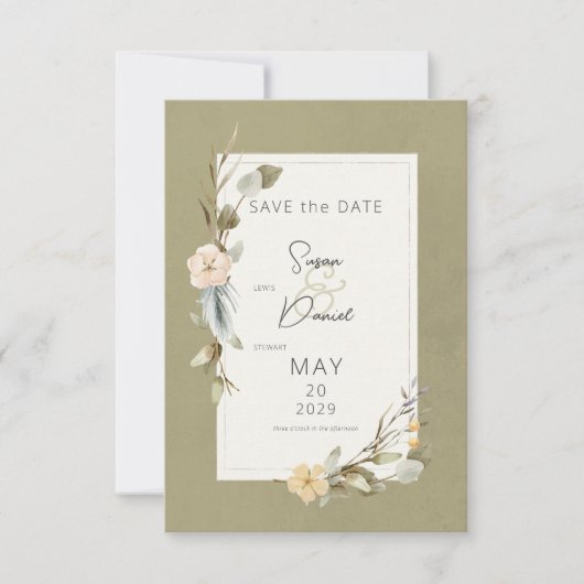 Gedroogde Boho Bloemen Lijst Sage Bruiloft Save The Date (Voorkant)