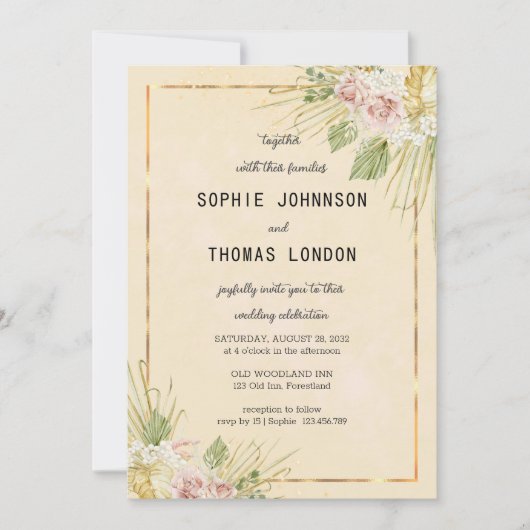 Gedroogde boho bloemen waterverf bruiloft kaart (Voorkant)