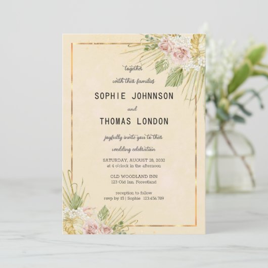 Gedroogde boho bloemen waterverf bruiloft kaart (Staand voorkant)