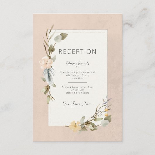 Gedroogde Boho Bloemenframe Roze Ontvangst Bruilof Informatiekaartje (Voorkant)