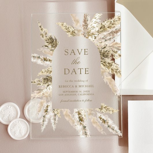Gedroogde Boho Pampas Boog Wedding Save the Date Acryl Uitnodigingen