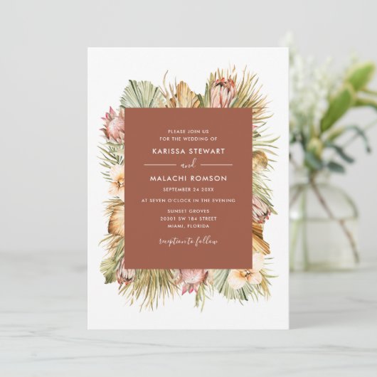 Gedroogde Botanicals Boho Palms Waterverf Bruiloft Kaart (Staand voorkant)