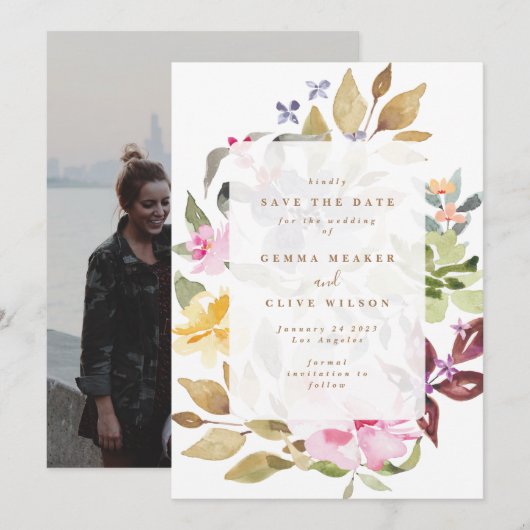 Gedroogde Floral Waterverf Art Wedding Foto Save The Date (Voorkant / Achterkant)