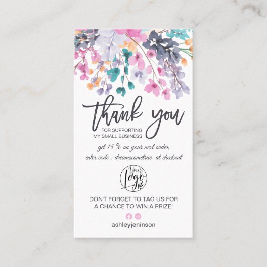 Gedroogde florale waterverf logo orde dank u visitekaartje (Voorkant)