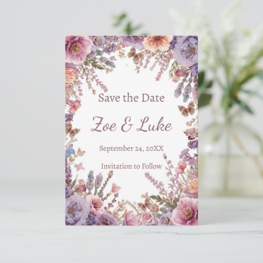 Gedroogde Geperste Roze Lavendel Veldbloem STD Save The Date (Staand voorkant)