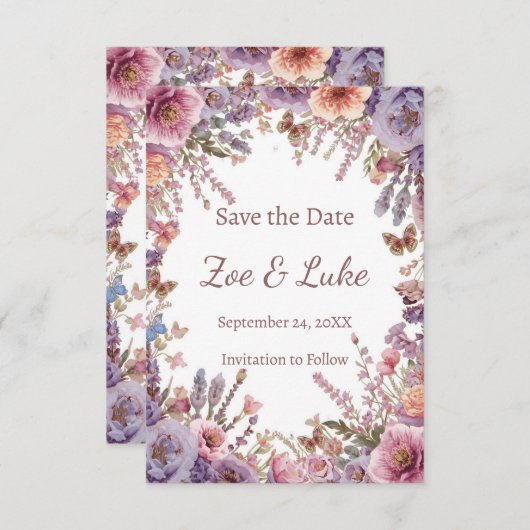 Gedroogde Geperste Roze Lavendel Veldbloem STD Save The Date (Voorkant / Achterkant)