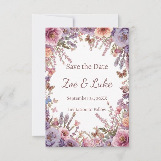 Gedroogde Geperste Roze Lavendel Wilde Bloem STD Save The Date (Voorkant)
