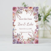 Gedroogde Geperste Roze Lavendel Wilde Bloem STD Save The Date (Staand voorkant)