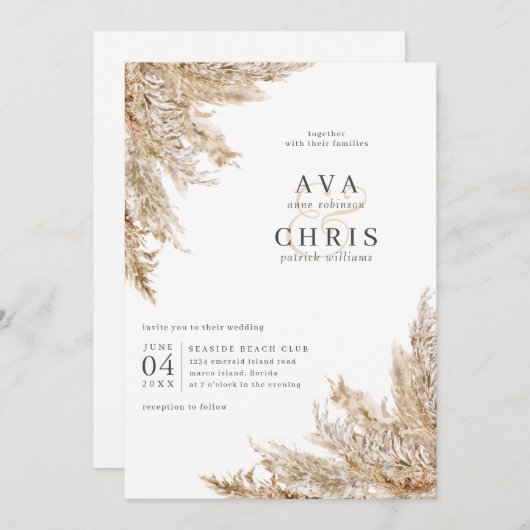 Gedroogde Grass Pampas Wedding Invitation Kaart (Voorkant / Achterkant)