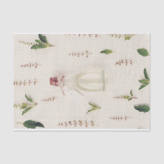 Gedroogde kruiden glazen fles jute textuur achterg tissuepapier (Voorkant)