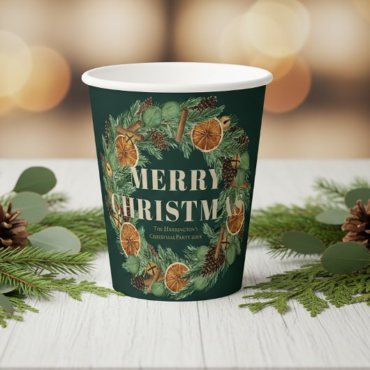 Gedroogde Oranje Pine Krans Rustieke Vakantie Groe Papieren Bekers