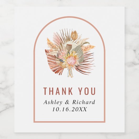 Gedroogde palm, pampas gras Dank je bruiloft Wijn Etiket (Enkel label)