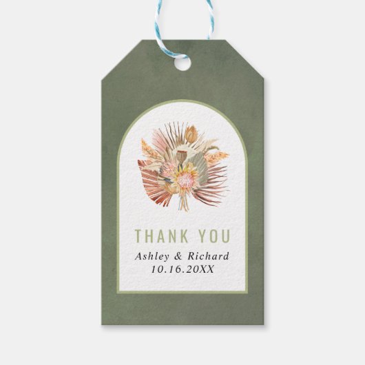 Gedroogde palm, pampas gras groen bedankt bruiloft cadeaulabel (Voorkant)