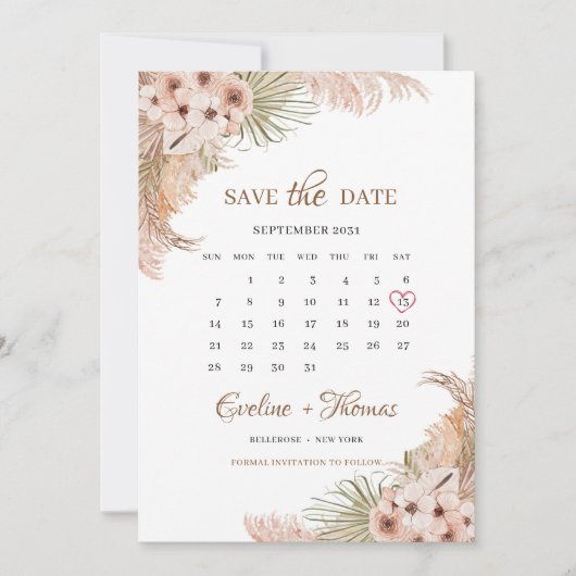 Gedroogde Palm Pampas Grass Blush Orchid Calendar Save The Date (Voorkant)