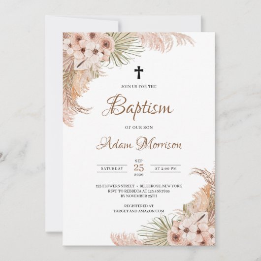 Gedroogde Palm Pampas Grass Blush Orchidee Doop Kaart (Voorkant)