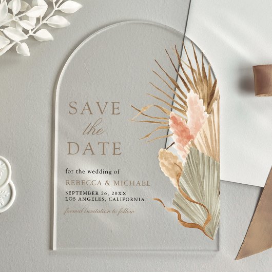 Gedroogde Palm Pampas Taupe Wedding Save the Date Acryl Uitnodigingen