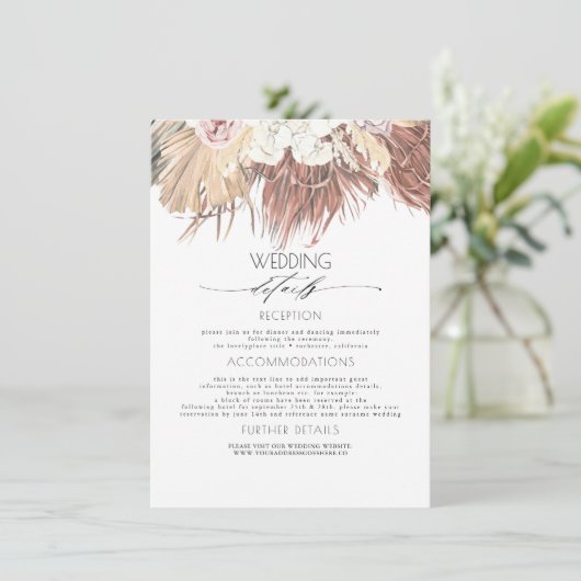 Gedroogde Palm Tropisch gebladerte bruiloft inform Informatiekaartje (Staand voorkant)