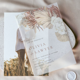 Gedroogde Palmbladeren en Witte Orchideeën Boho Br Vellum Uitnodigingen