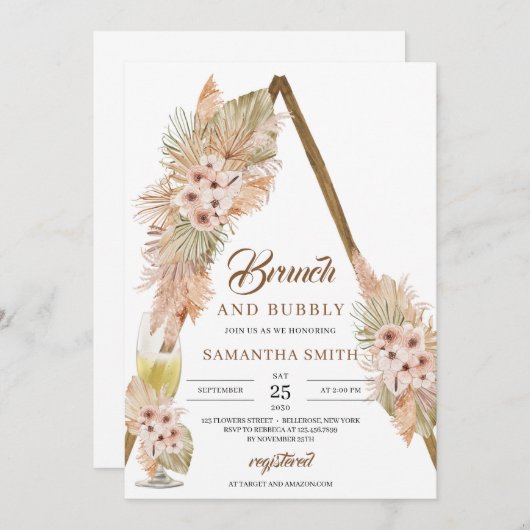 Gedroogde palmbladeren Pampas Grass Brunch en Bubb Kaart (Voorkant / Achterkant)