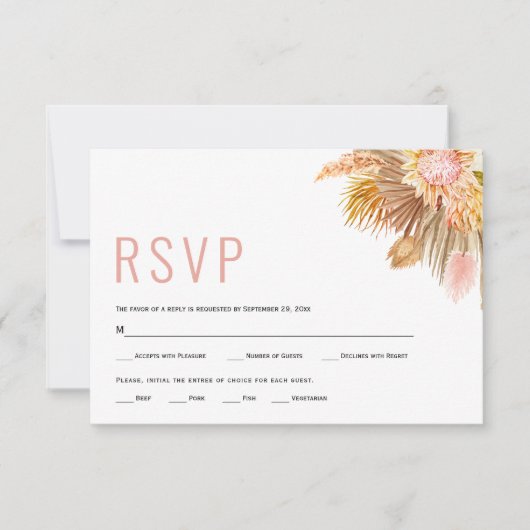 Gedroogde palmbladeren, zacht roze bruiloft met pa RSVP kaartje (Voorkant)