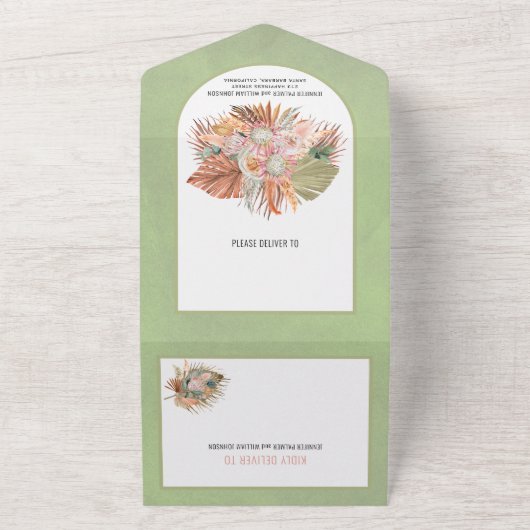 gedroogde palmen en pampas groene bruiloft met gra all in one uitnodiging (Buitenkant)