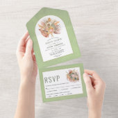 gedroogde palmen en pampas groene bruiloft met gra all in one uitnodiging (Afscheurbaar)