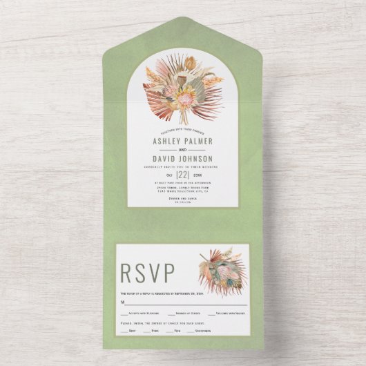 gedroogde palmen en pampas groene bruiloft met gra all in one uitnodiging (Binnen)